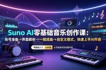 Suno AI零基础音乐创作课：账号准备&rarr;界面解析&rarr;一键成曲&rarr;自定义模式，快速上手AI作曲